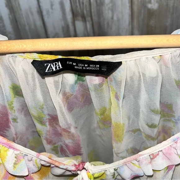 Zara Sheer Floral Peasant Blouse Bell Sleeve Boho Tie Neck Top Women’s M - Picture 7 of 7